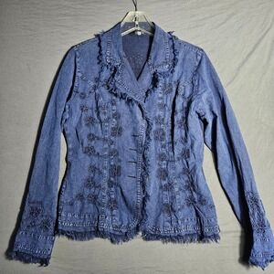 Giocam Womens Denim Jacket L Blue Embroidered Fringe Boho‎ Acid Wash Western